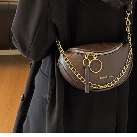 Brown Quilted Crescent Shoulder Bag - Picture 4 of 5